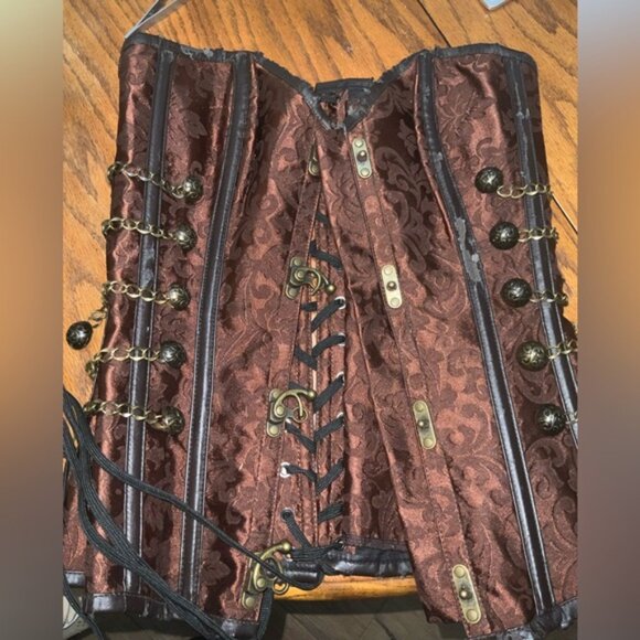 Mahogany Damask Steampunk Over-Bust Corset Top w/ Gold Accents Sz S/M - Picture 15 of 16